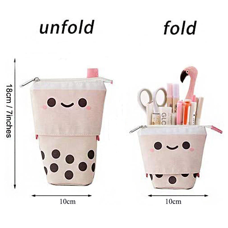 Cute Pen Pencil Telescopic Holder Pop Up Stationery Case Smile Face Dot Organizer -Beige