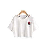 Fashion Embroidery Teen Girls Rose Crop Top Short Sleeve T-Shirt-White