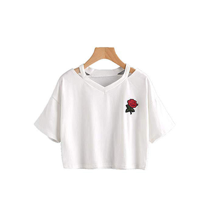 Fashion Embroidery Teen Girls Rose Crop Top Short Sleeve T-Shirt-White