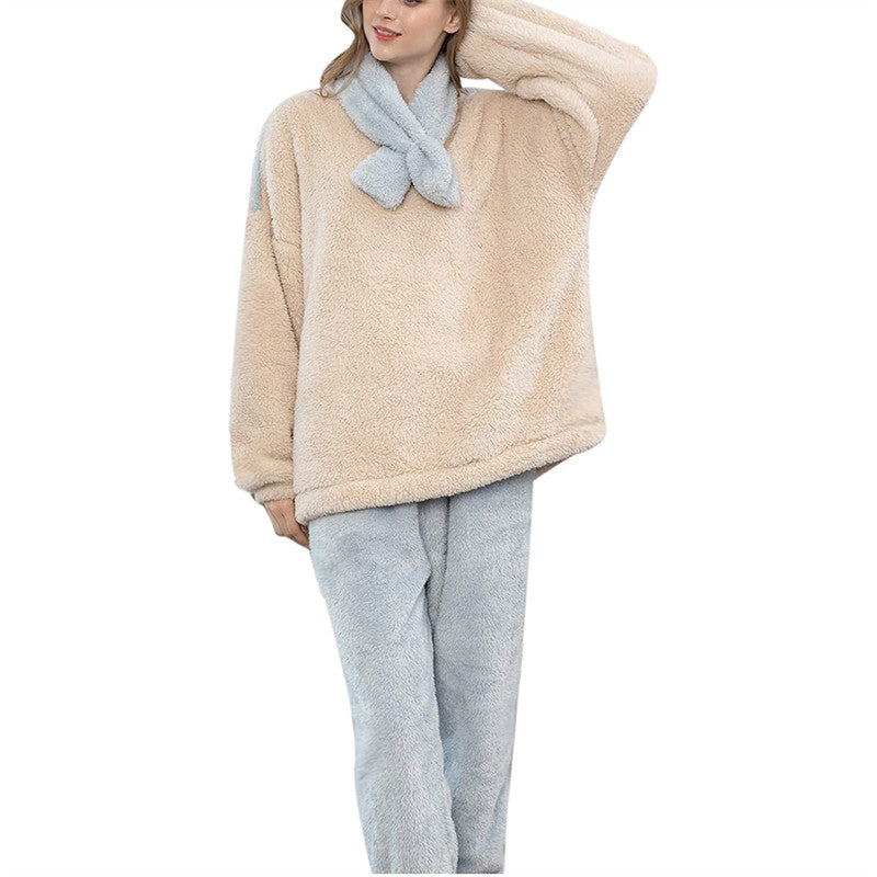 Womens Thickened Coral Fleece Pajamas Set with Scarf-Blue