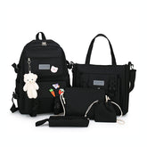 5Pcs Kawaii Backpack Set with Pendants Pins for School Teens-AllBlack