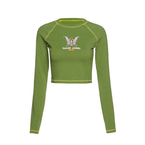Girl Long Sleeve Clothing Graphic Print Summer Crop Top-Green