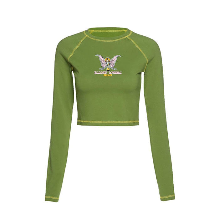 Girl Long Sleeve Clothing Graphic Print Summer Crop Top-Green