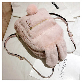 Women Cute Rabbit Ears Backpack Fluffy School Bag Satchel-Pink