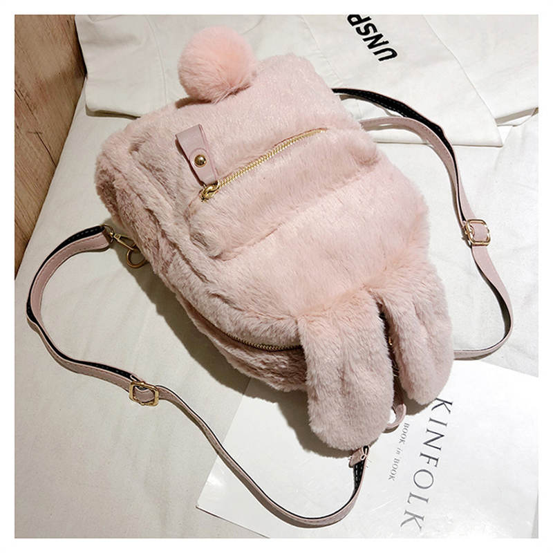 Women Cute Rabbit Ears Backpack Fluffy School Bag Satchel-Pink