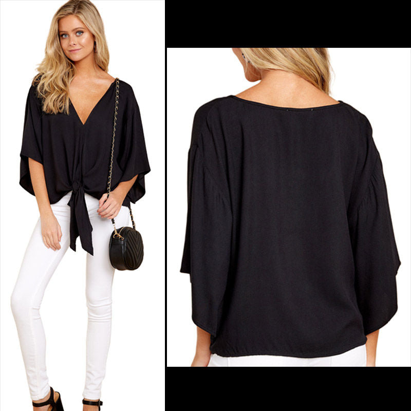 Boho Womens Blouse V Neck Tie Knot 3/4 Sleeve Summer Casual Tops-Black