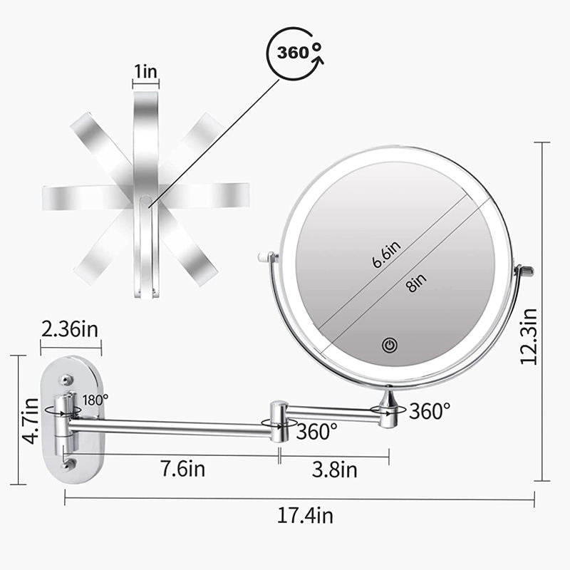 Wall Mounted Lighted Makeup Mirror 8inch 10X Magnifying Cosmetic Mirror with 3 Color Modes Battery Type-Silver