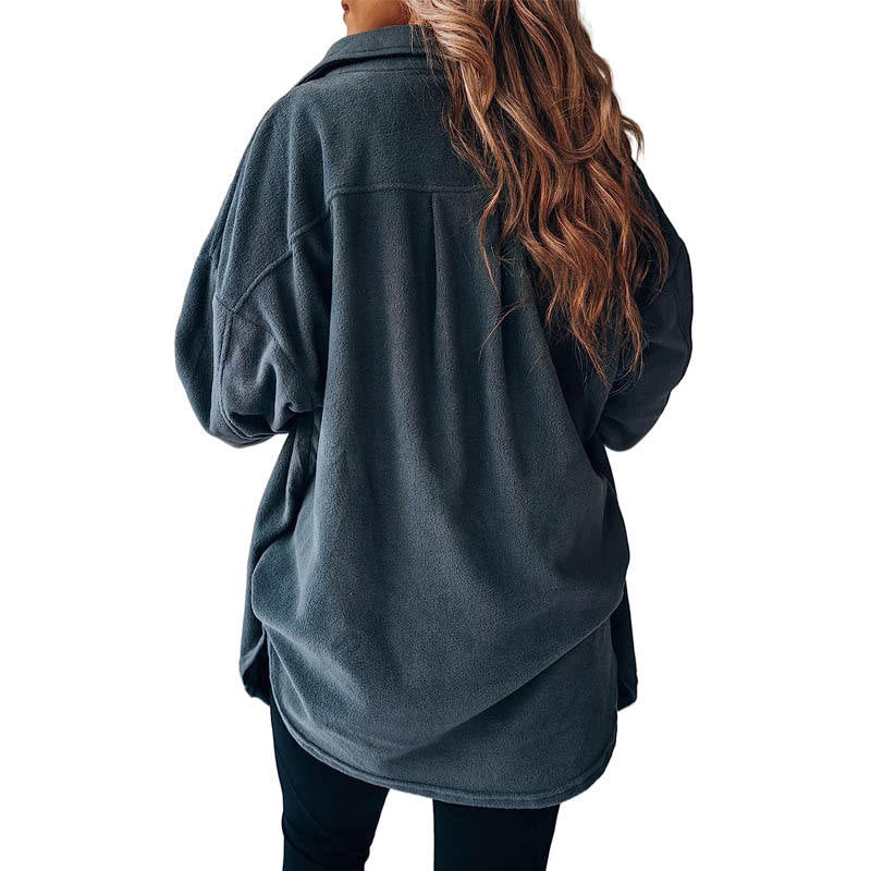 Lookbook Womens Fleece Long Sleeved Shirt Casual Boyfriend Blouse Top-Navy