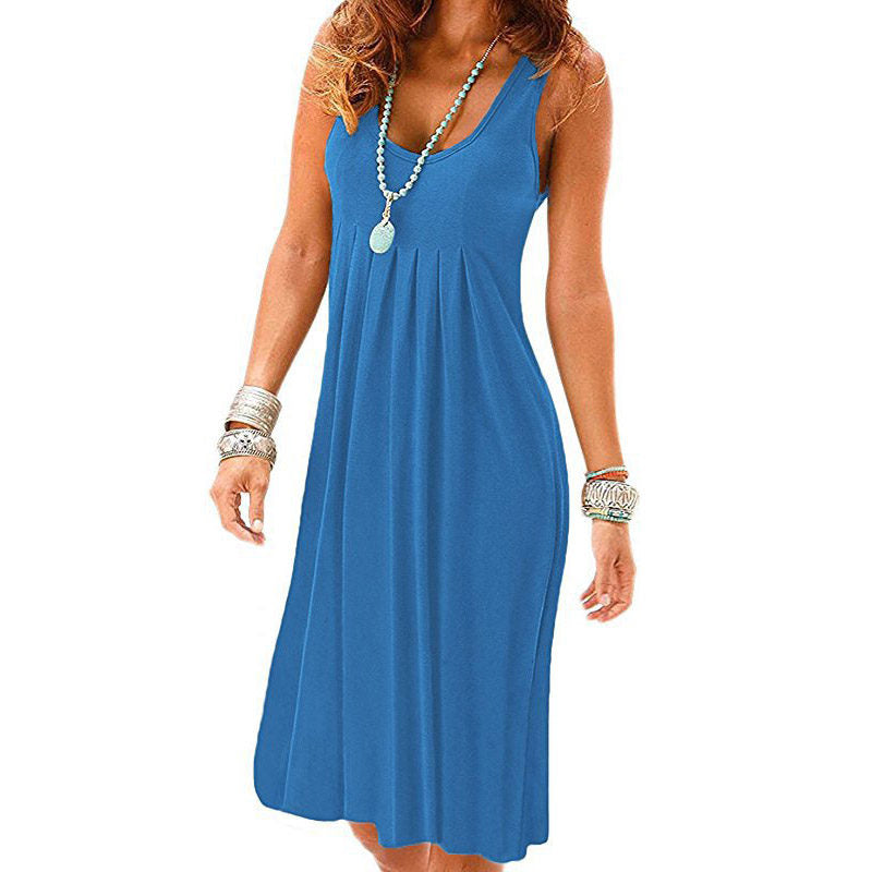 Summer Beach Tank Dresses Sleeveless Tunic Long Dress-SkyBlue