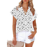 Womens V Neck Printed Shirts Lightweight Chiffon Blouse-White