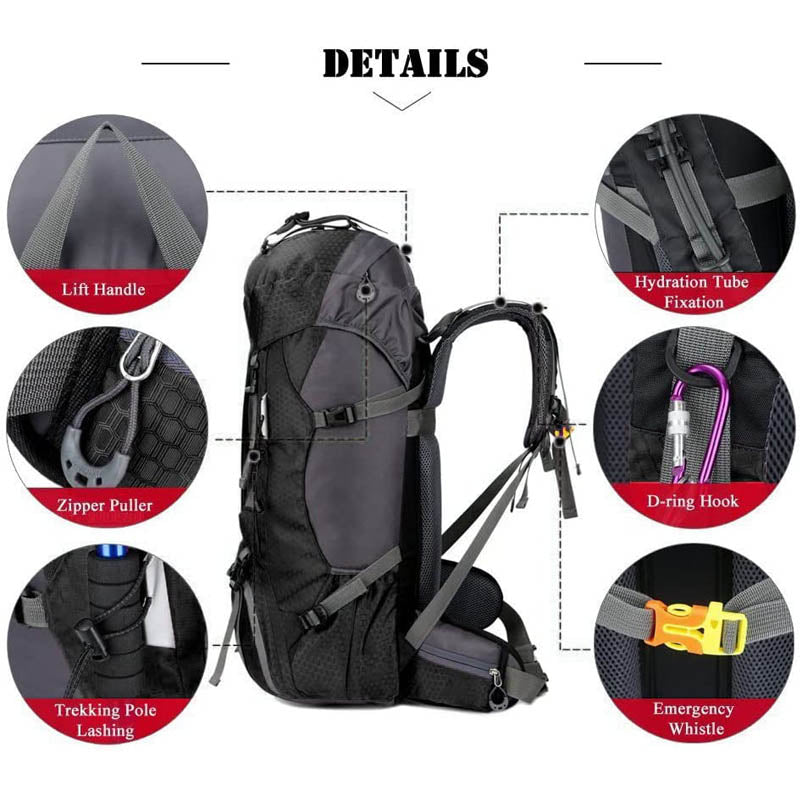 60L Waterproof Lightweight Hiking Backpack with Rain Cover for Climbing Camping-Black