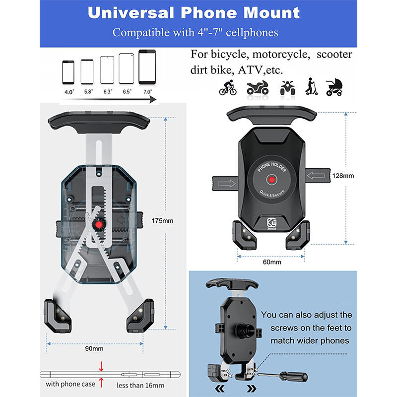 Anti-Theft Motorcycle Phone Mount 360 Rotation for 4.0-7.0 Inch Smartphones-Rearview Mirror