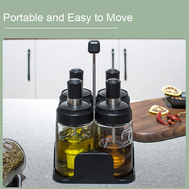 Portable 4-Jar Seasoning Organizer Rack Built-in Spoon Moisture-Proof-ABS Lid