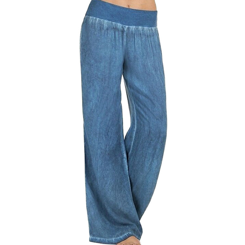 Womens Casual Leg Palazzo Pants Loose Straight Trousers-Blue