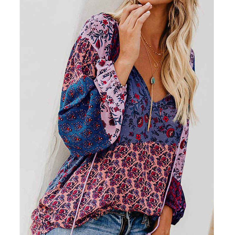 Womens V-neck Casual Boho Floral Print Long Sleeve Shirts-Purple