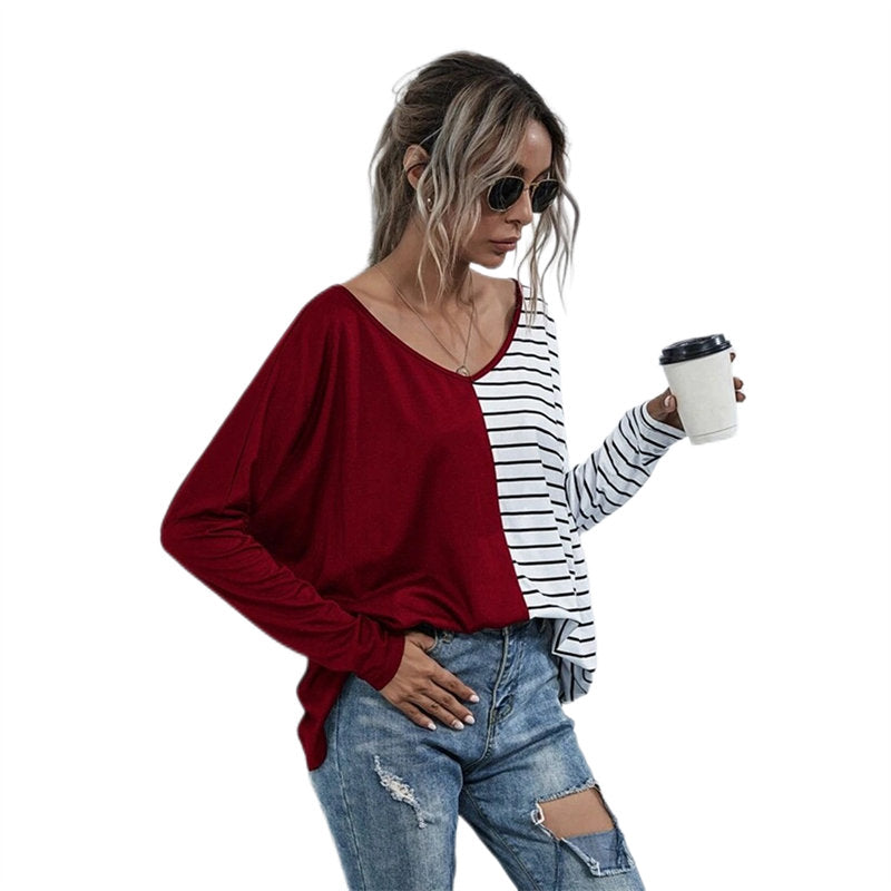 Womens Striped V-Neck Long Sleeve Tops-Red