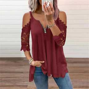 Cold Shoulder Tops For Women Sexy Low Cut V Neck Shirts with Lace 3/4 Sleeve-Wine Red