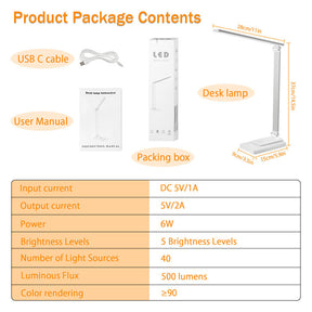 LED Desk Lamp Smart Reading Lamp with USB Charging Port 5 Lighting Modes-White