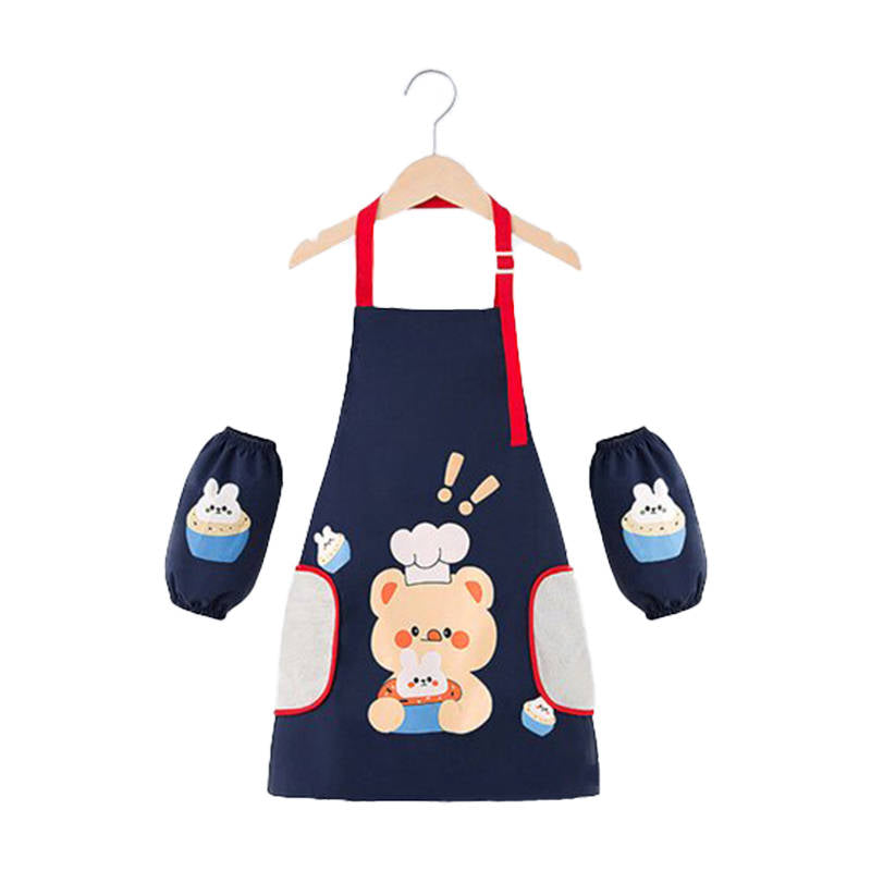 Kids Adjustable Kitchen Apron with Sleeve Covers for Cooking Painting-Navy Bear