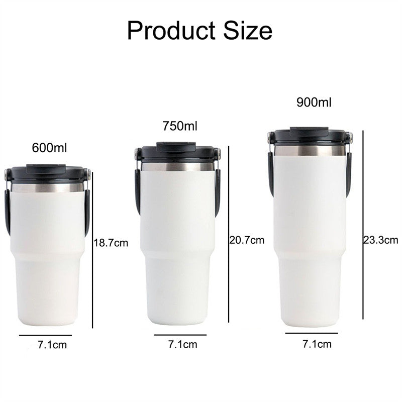 Portable Car Tumbler Cup with Lid and Straw Vacuum Insulated Water Bottle-White