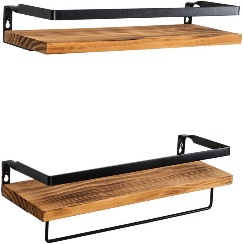 Floating Shelf Wall-mounted Storage Rack for Kitchen and Bathroom 2-piece Wooden Set-Carbonized Black