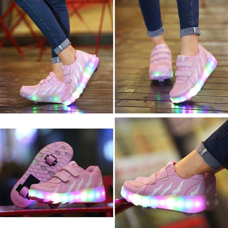 Rechargeable LED Light Shoes Roller Skates for Kids-028 Pink