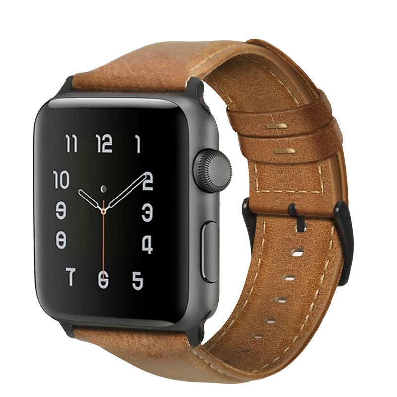 Oil Wax Genuine Leather Apple Watch Band for iWatch Series SE/6/5/4/3/2/1-YellowBrown