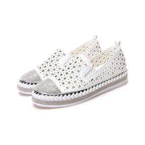 Womens Cutout Loafer with Diamond  Flat Slip on Sneakers-White