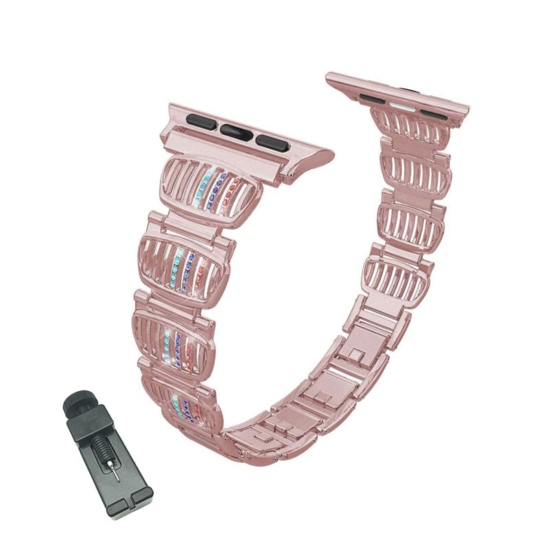BM White Diamond + Color Diamond Apple Watch Band Stainless Steel Wristbands for Apple IWatch Series 1/2/3/4/5/6/SE For Women-Rose Pink