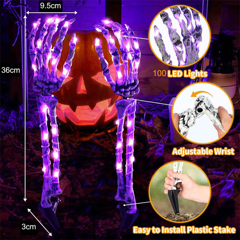 2 Pcs Halloween Skeleton Hands Outdoor Decor with 100 Purple LED Lights