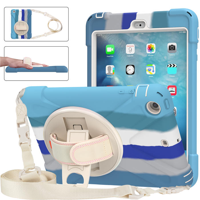 iPad Case With Pencil Stand+Rotating Stand+Shoulder Strap For iPad Mini 3 -Blue