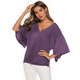 Womens Summer Ruffle Sleeve V-Neck T-Shirt Knot Tops-Purple