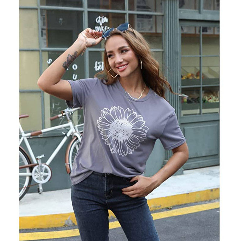 Womens Sunflower Summer Short Sleeve T-shirt Loose Casual Top-Gray