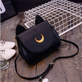 Moon Luna Cat Purses Pu Leather Shoulder Messenger Bag-Black