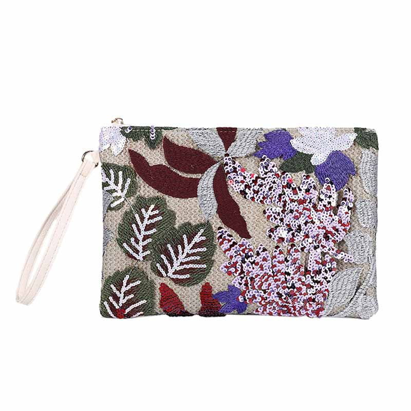 Women Clutches Embroidery Sequins Design Straw Bag for Vacation-WineRed