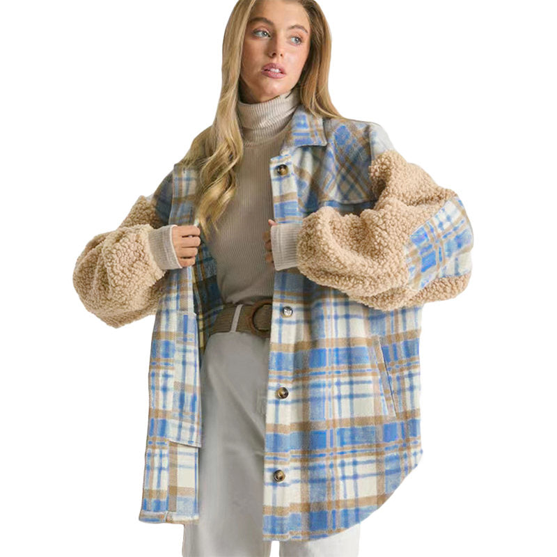 Womens Plaid Jacket Sherpa Patchwork Thickened Oversized Coat-Blue