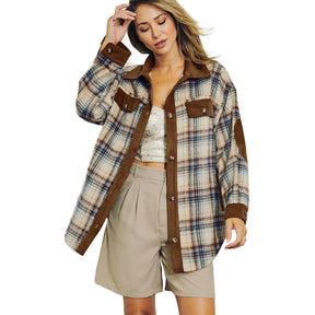 Womens Corduroy Jacket Plaid Contrast Color Long Sleeve Fall Coat