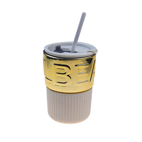 420ml Glass Coffee Mug with Lids and Straws Travel Friendly-GoldWhite