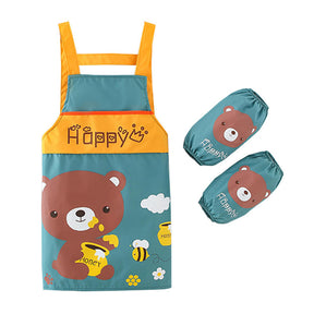 Children Cartoon Waterproof Apron with Sleeve Covers for Painting Cooking-Dark Green Honey Bear