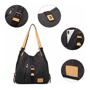 Women Canvas Bag Casual Backpack Vintage Shoulder Bag-Black