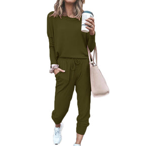 Women Loose Solid Color Long Sleeve Top Casual Drawstring Pants with Pockets-ArmyGreen