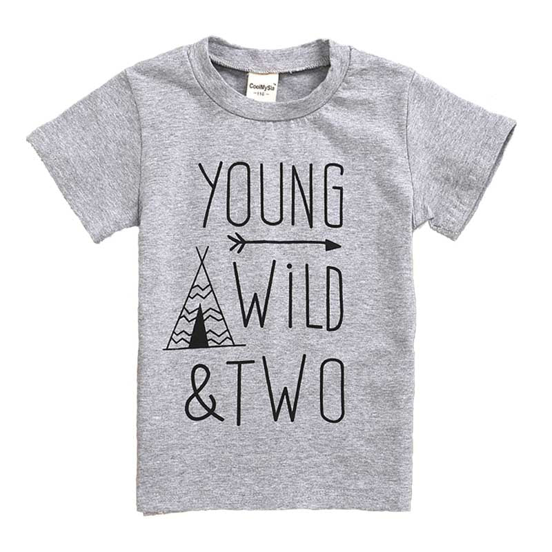 Children Young Wild Letter Print T-Shirts Fashion Short Sleeved-Gray
