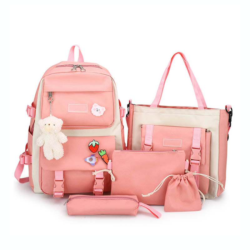 5Pcs Kawaii Backpack Set with Pendants Pins for School Teens-Pink