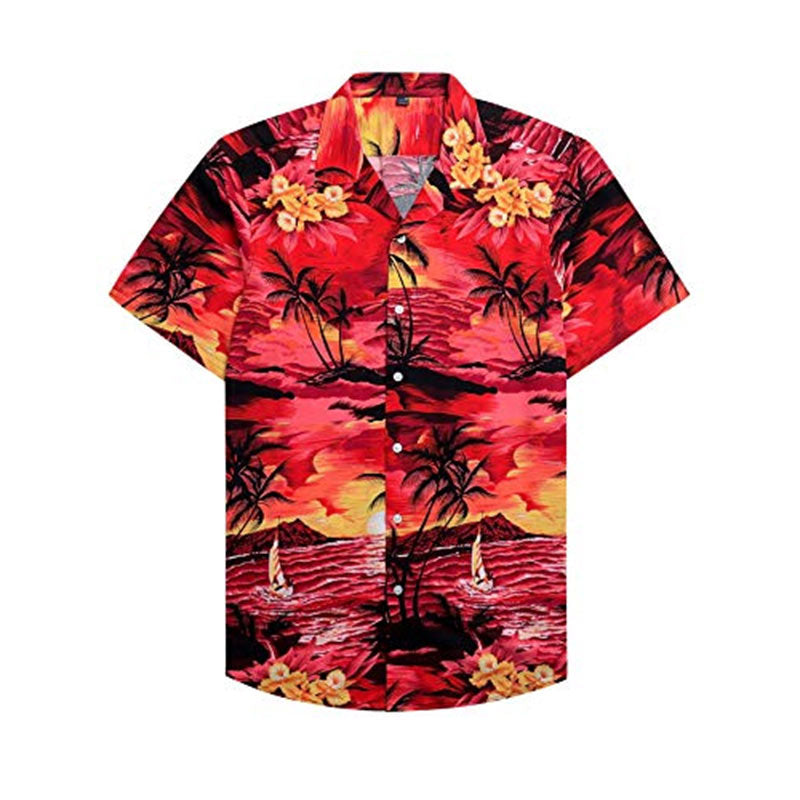 Cotton Regular Fit Short Sleeve Casual Hawaiian Shirt for Men-Red