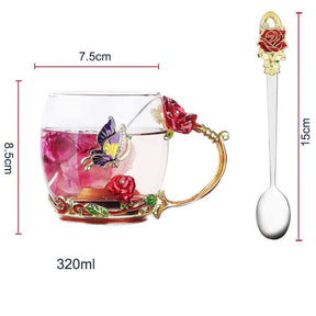 2Pack Enamels Butterfly Flower Tea Cup with Spoon Gifts for Women Wife Mom Her-Red