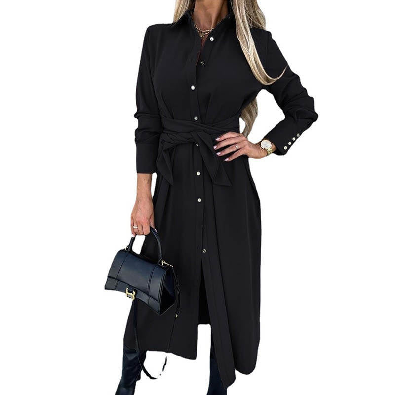 Womens Button Down Shirt Dresses Long Sleeve Causal Belted Slits-Black