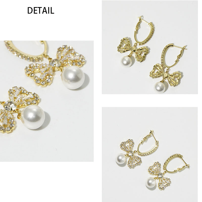 Pair Of Crystal Bow Earrings with Pearl Pendant for Women