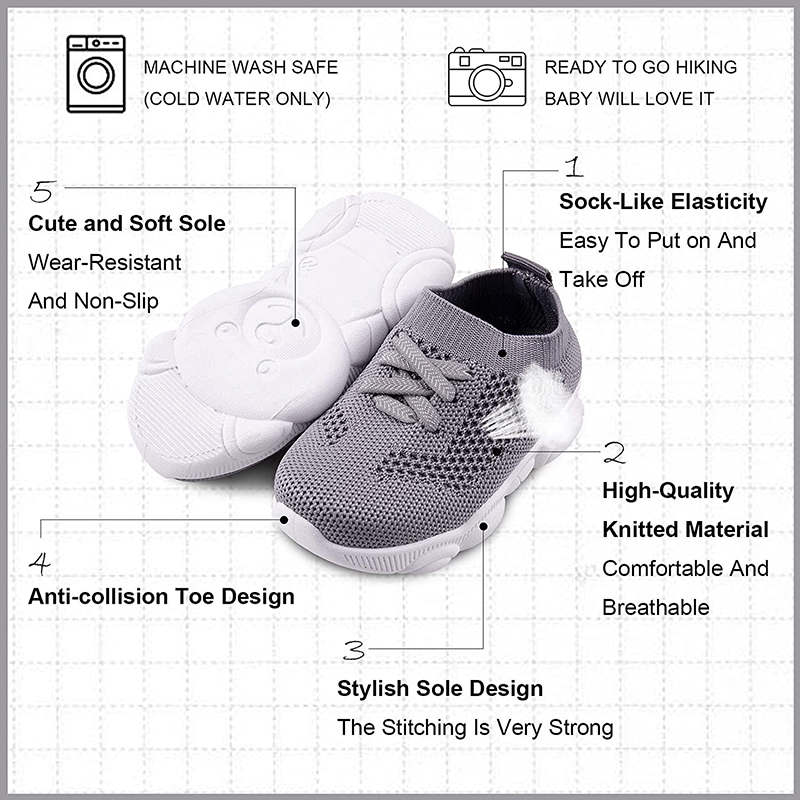 Baby First Walking Shoes Toddler Boys Girls Cotton Mesh Breathable Sneakers-Grey