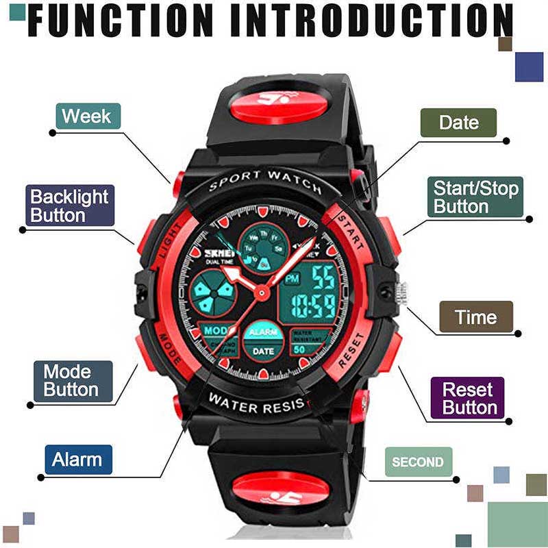 LED Multi Function Sports Waterproof Watch for Kids-Red