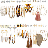 36 Pairs Fashion Tassel Earrings Set Bohemian Hoop Stud Drop Dangle Earrings Leather Leaf Earrings-A set